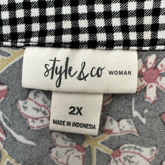 Style & Co Floral Blouse Neck Gingham Boho Peasant Flowy Pullover Womens 2X - Picture 2 of 7